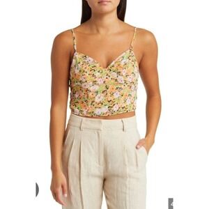 Open Edit Floral Crop Top Orange Green Pink Smocked Back V-Neck Camisole Large
